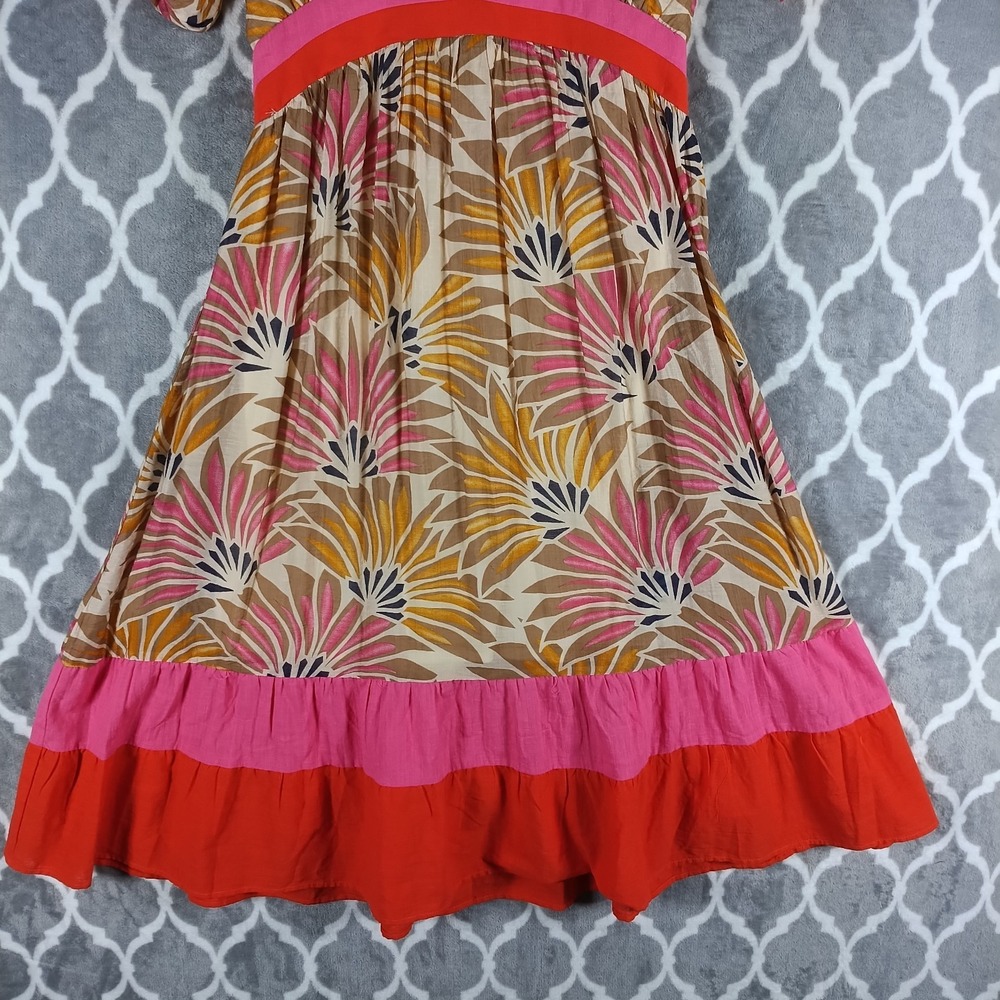 VOY Maxi Dress Women Small Pink Orange Abstract Print Puff Sleeve Colorblock - Picture 8 of 9